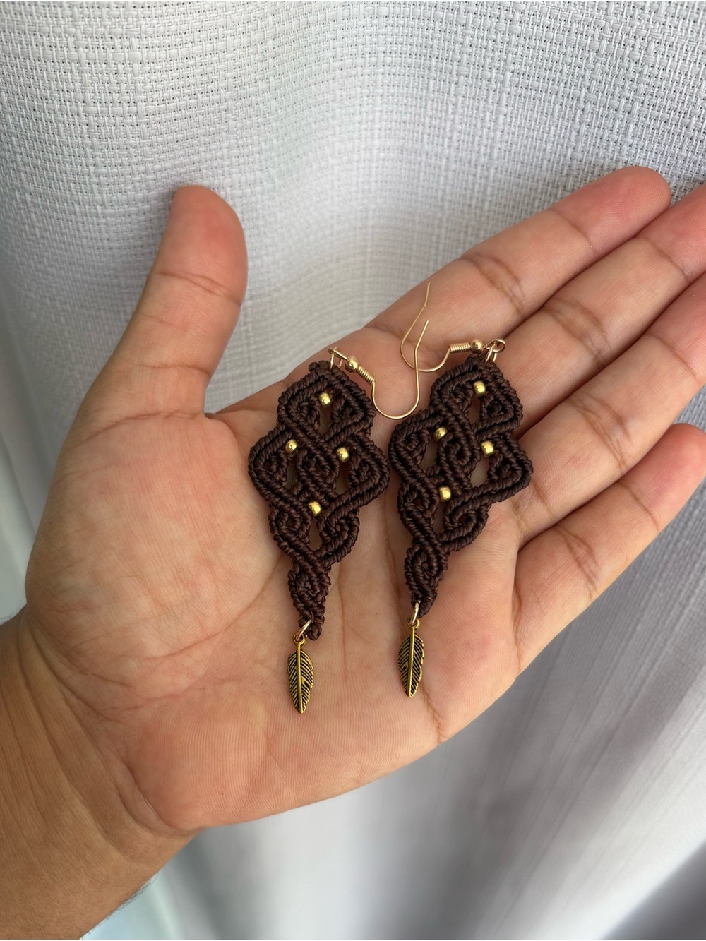 Handmade Brown Macramé Feather Drop Earrings